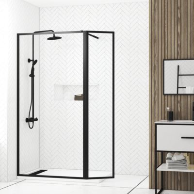 Paroi de douche à l'italienne fixe + volet pivotant 100+40 x 200 cm, noir mat, Galedo Dark Edge Shelf