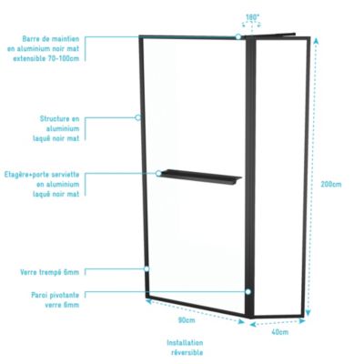 Paroi de douche à l'italienne fixe + volet pivotant 90+40 x 200 cm, noir mat, Galedo Dark Edge Shelf