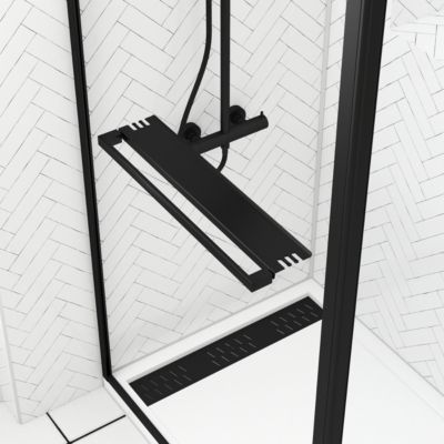 Paroi de douche à l'italienne fixe + volet pivotant 90+40 x 200 cm, noir mat, Galedo Dark Edge Shelf