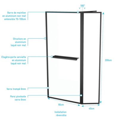Paroi de douche à l'italienne fixe + volet pivotant 90+40 x 200 cm, noir mat, Galedo Dark Edge Shelf