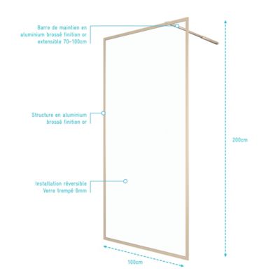Paroi de douche à l'italienne H.200 x l. 100 cm, ép. 6mm, profilé doré, Galedo Edge