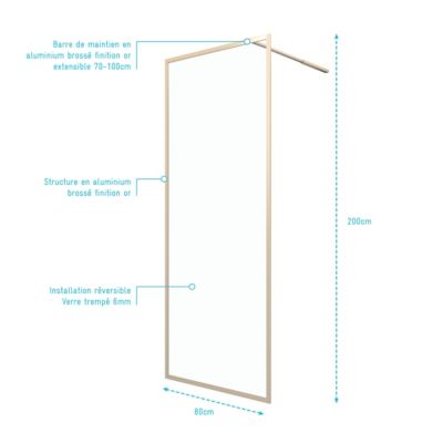 Paroi de douche à l'italienne H.200 x l.80 cm, ép. 6 mm, profilé doré, Galedo Edge