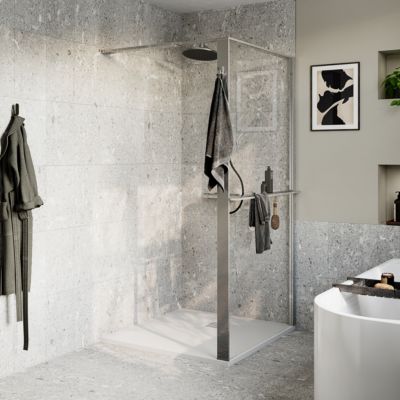 Paroi de douche à l'italienne l.100 x H.195 cm, verre transparent, profilés chromé, GoodHome Evanna + barre fixe
