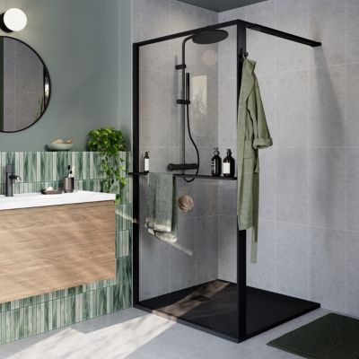 Paroi de douche à l'italienne l.100 x H.195 cm, verre transparent, profilés noir, GoodHome Evanna + barre fixe