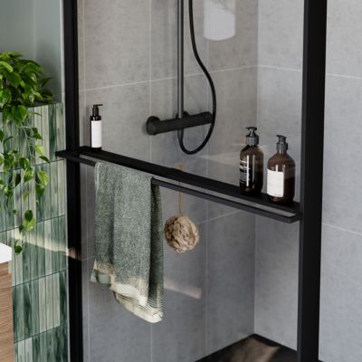 Paroi de douche à l'italienne l.100 x H.195 cm, verre transparent, profilés noir, GoodHome Evanna + barre fixe