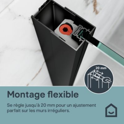 Paroi de douche à l'italienne l.120 x H.195 cm, verre fumé, profilés noir, GoodHome Evanna + barre fixe
