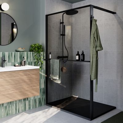 Paroi de douche à l'italienne l.120 x H.195 cm, verre fumé, profilés noir, GoodHome Evanna + barre fixe