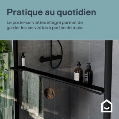 Paroi de douche à l'italienne l.120 x H.195 cm, verre fumé, profilés noir, GoodHome Evanna + barre fixe