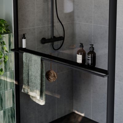 Paroi de douche à l'italienne l.120 x H.195 cm, verre fumé, profilés noir, GoodHome Evanna + barre fixe