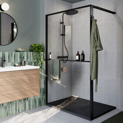 Paroi de douche à l'italienne l.120 x H.195 cm, verre transparent, profilés noir, GoodHome Evanna + barre fixe