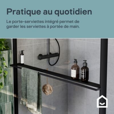 Paroi de douche à l'italienne l.120 x H.195 cm, verre transparent, profilés noir, GoodHome Evanna + barre fixe