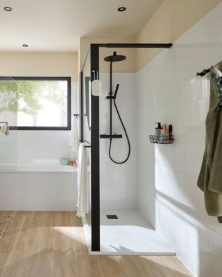 Paroi de douche à l'italienne l.120 x H.195 cm, verre transparent, profilés noir, GoodHome Evanna + barre fixe