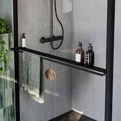 Paroi de douche à l'italienne l.120 x H.195 cm, verre transparent, profilés noir, GoodHome Evanna + barre fixe