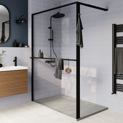 Paroi de douche à l'italienne l.140 x H.195 cm, verre transparent, profilés noir, GoodHome Evanna + barre fixe