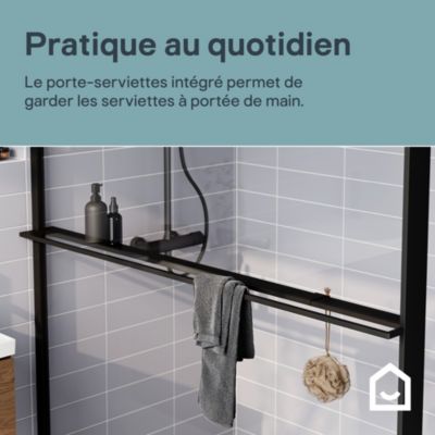 Paroi de douche à l'italienne l.140 x H.195 cm, verre transparent, profilés noir, GoodHome Evanna + barre fixe