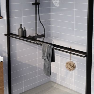 Paroi de douche à l'italienne l.140 x H.195 cm, verre transparent, profilés noir, GoodHome Evanna + barre fixe