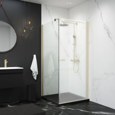 Paroi de douche à l'italienne latéral l.90 x H.193 cm, verre transparent avec effet liane , profilé or , Schulte Newstyle