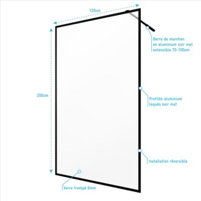 Paroi de douche à l'italienne noir Galedo Dark Edge transparent l.120 x H.200 cm