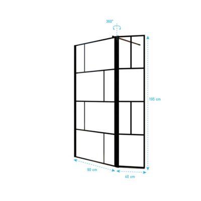 Paroi de Douche avec Volet Pivotant 90+40x195cm - Verre 8mm Anticalcaire - Motifs et Profilés Noir