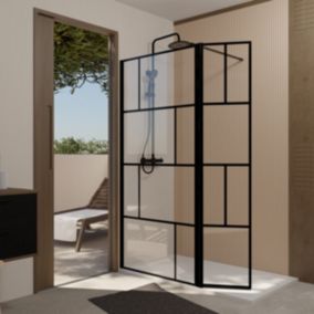 Paroi de Douche avec Volet Pivotant 90x40x195cm - Verre 8mm Anti-Calcaire - Motifs et Profilés Noir