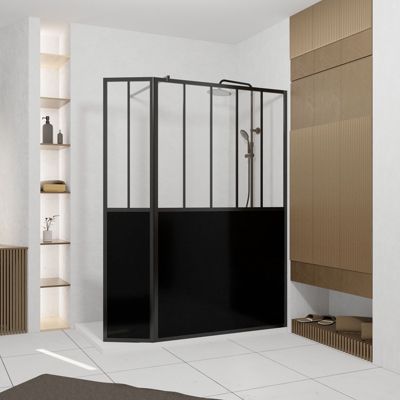 Paroi de douche avec volet pivotant l.120+40 x H.200 cm, style verrière atelier noir mat, Galedo Black Indus