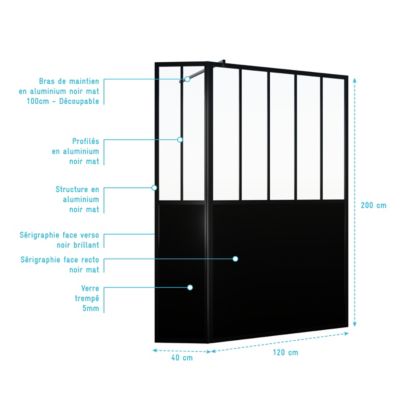 Paroi de douche avec volet pivotant l.120+40 x H.200 cm, style verrière atelier noir mat, Galedo Black Indus
