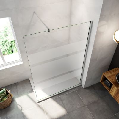 Paroi de douche chrome 100x190cm,6mm verre anticalcaire avec bandes horizontales sérigraphiées,barre de fixation 140cm en carré