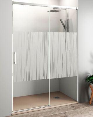 Paroi de douche coulissante 1 porte 1 fixe 1 porte  105 cm (Adaptable 99-104cm)  6 mm Sérigraphie anti-calcaire  Profil Chrome