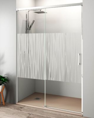 Paroi de douche coulissante 1 porte 1 fixe 1 porte  105 cm (Adaptable 99-104cm)  6 mm Sérigraphie anti-calcaire  Profil Chrome