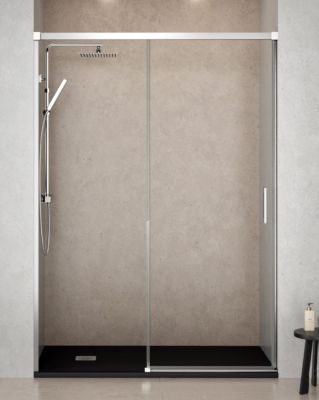 Paroi de douche coulissante 1 porte 1 fixe 1 porte  120 cm (Adaptable 114-119cm)  Verre 6 mm clair anti-calcaire  Profil Chrome