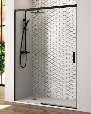 Paroi de douche coulissante 1 porte 1 fixe 1 porte  195 cm (Adaptable 189-194cm)  Verre 6 mm clair anti-calcaire  Perfil Negro