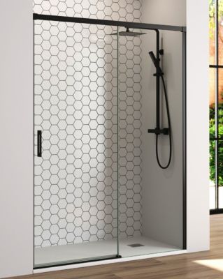 Paroi de douche coulissante 1 porte 1 fixe 1 porte  195 cm (Adaptable 189-194cm)  Verre 6 mm clair anti-calcaire  Perfil Negro