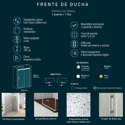 Paroi de douche coulissante 1 porte 1 fixe 1 porte  195 cm (Adaptable 189-194cm)  Verre 6 mm clair anti-calcaire  Perfil Negro