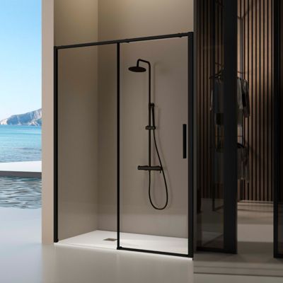 Paroi de douche coulissante DELTA - Noir Mat - 169-171.6 cm - Fermeture amortie - Réversible - Anticalcaire