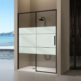 Paroi de douche coulissante DELTA - Noir Mat - Sérigraphié - 126-128.6 cm - Fermeture amortie - Réversible - Anticalcaire