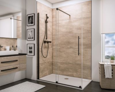 Paroi de douche coulissante l.140xH.200cm, Walk In, verre transparent anticalcaire 8mm, profilé noir mat, Schulte NewStyle