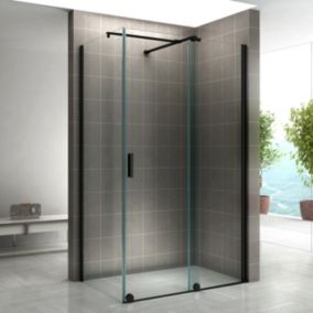 Paroi de douche d'angle NAPOLI-BLACK H.200 cm porte coulissante verre 8 mm transparent 100 x 120 cm (porte 120) - Saniverre