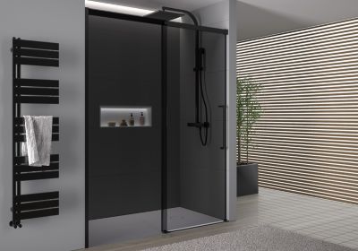 Paroi de douche en niche 195x110cm, profil noir mat, Verre gris 8mm, Cabine de douche encastrée porte coulissante - DX906 FLEX
