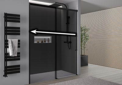 Paroi de douche en niche 195x110cm, profil noir mat, Verre gris 8mm, Cabine de douche encastrée porte coulissante - DX906 FLEX