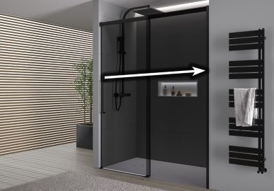 Paroi de douche en niche 195x110cm, profil noir mat, Verre gris 8mm, Cabine de douche encastrée porte coulissante - DX906 FLEX