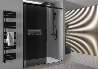Paroi de douche en niche 195x110cm, profil noir mat, Verre gris 8mm, Cabine de douche encastrée porte coulissante - DX906 FLEX
