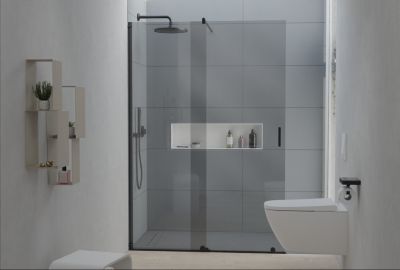 Paroi de douche en niche noire mat 195x140cm verre gris 8mm Cabine de douche porte coulissante - NT101