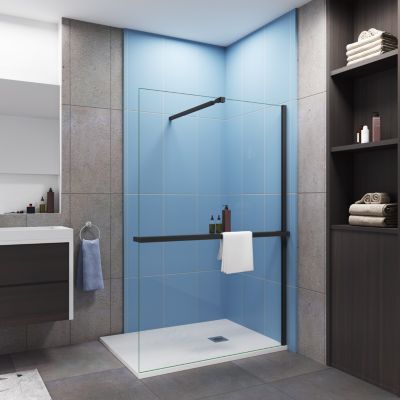Paroi de douche fixe 120x200 cm + barre de fixation 73-120cm + Étagère de Douche 120cm alu - verre 8 mm anticalcaire - Noir mat