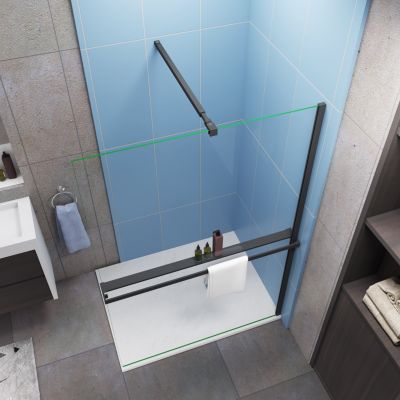 Paroi de douche fixe 120x200 cm + barre de fixation 73-120cm + Étagère de Douche 120cm alu - verre 8 mm anticalcaire - Noir mat