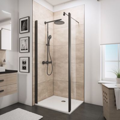 Paroi de douche fixe à l'italienne avec volet pivotant l.120xH.190cm, Walk In, verre transparent anticalcaire 6mm, profilé noir, Schulte NewStyle