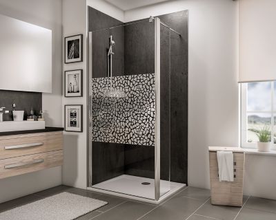 Paroi de douche fixe à l'italienne avec volet pivotant l.90xH.190cm, verre transparent anticalcaire 5-6mm, décor Galets chromés, Schulte NewStyle