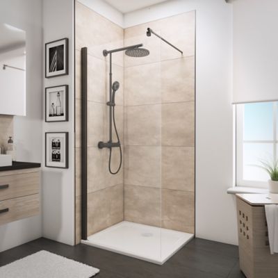 The Living Store Paroi de douche avec étagère Noir 100x195cm Verre ESG