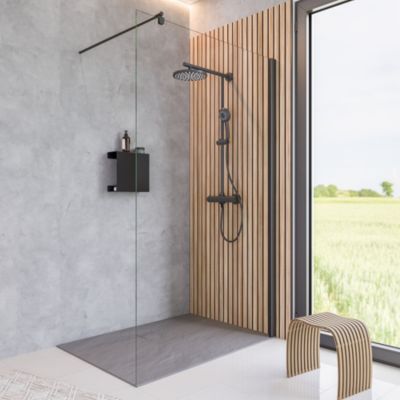 Paroi de douche fixe à l'italienne l.100xH.190cm, Walk In, verre transparent anticalcaire 5-6mm, profilé noir, Schulte NewStyle