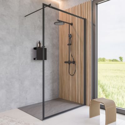 Paroi de douche fixe à l'italienne l.100xH.200cm, Walk In, verre transparent 6mm, profilé noir mat, Schulte New Style