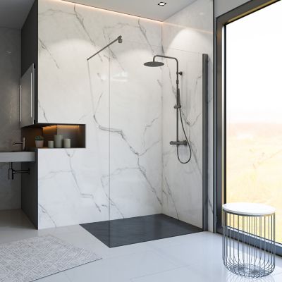 Paroi de douche fixe à l'italienne l.120xH.200cm, Walk In, verre transparent anticalcaire 6mm, profilé gun metal, Schulte NewStyle